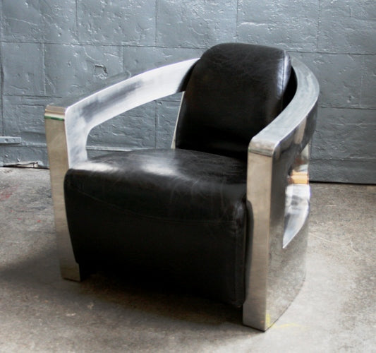 Black Leather Club Chair with Curved Metal Arms 8