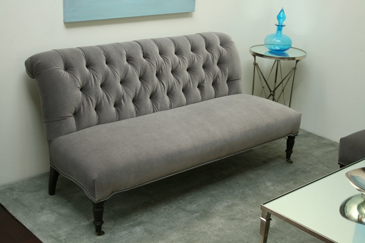 Grey Velvet Tufted Settee with Nailhead Trim 1