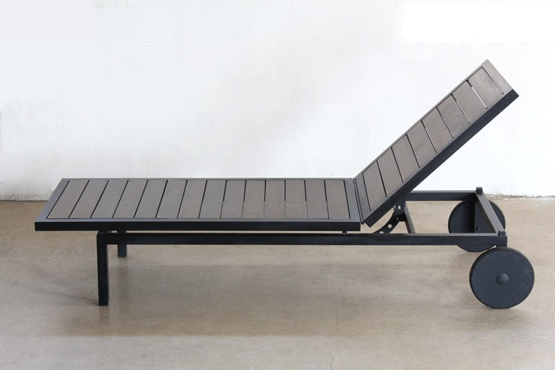 Black Steel and Dark Wood Outdoor Chaise