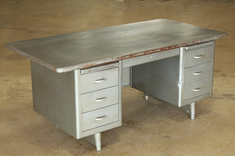 Gray Metal Desk With 6 Side Drawers