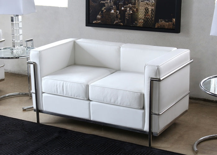 LS143 White Leather Corbusier Style Loveseat