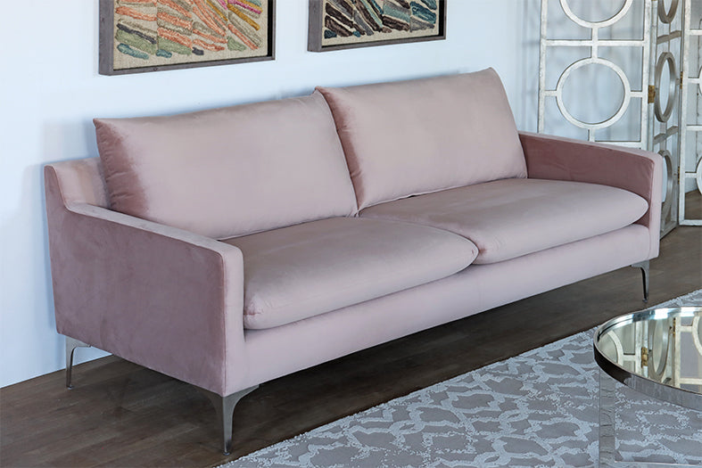 Blush Velvet Sofa on Brushed Stainless Legs