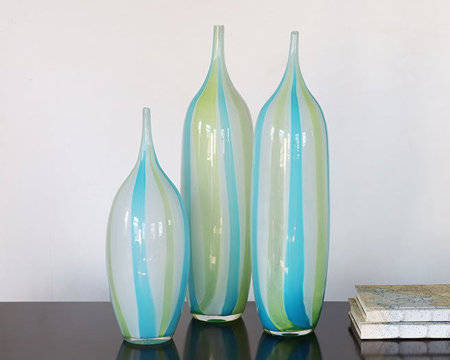 Set of 3 Green & Turquoise Striped Vases