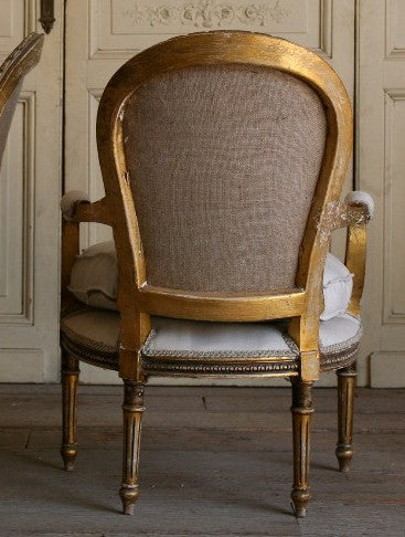 Vintage Louis XVI Gilt Upholstered Round Back Arm Chair 2 1
