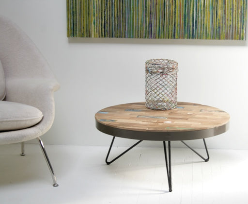 Reclaimed Wood and Wrought Iron Round Coffee Table 8