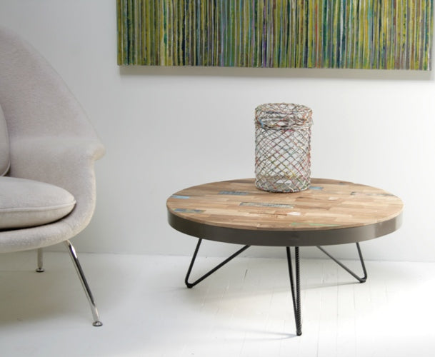 Reclaimed Wood and Wrought Iron Round Coffee Table 8