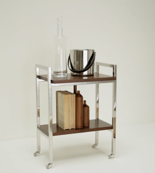 Chrome and Walnut Small End Table with Casters 10