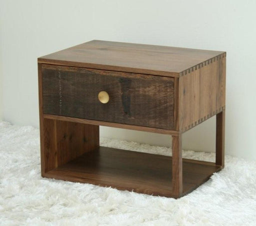 Left Side Facing End Table with Reclaimed Wood Drawer and Brass Hardware 1