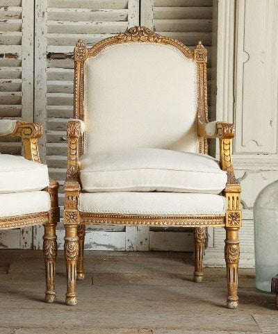 Vintage Louis XVI Gilt Upholstered Square Back Arm Chair 1 1
