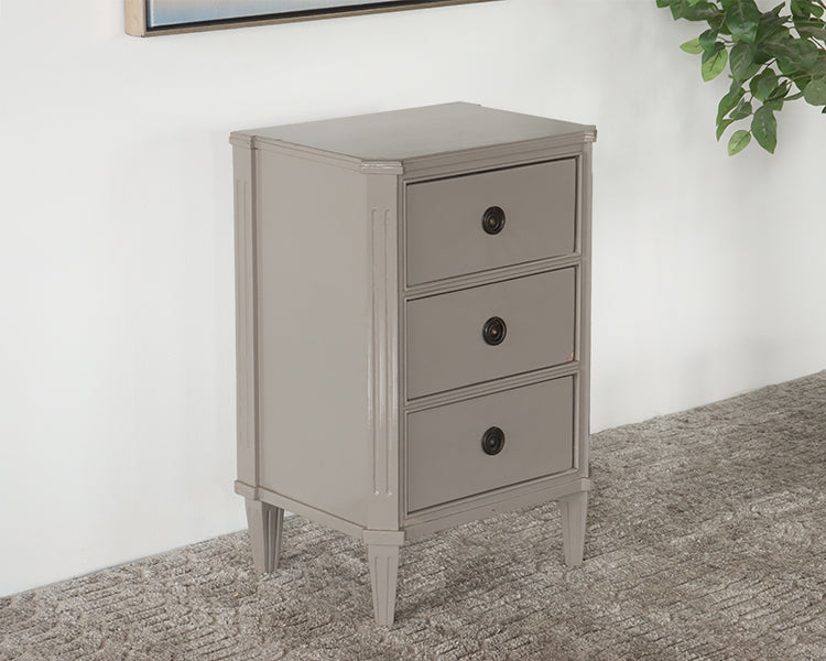 Chelsea Textiles Gustavian Bedside Table with Three Drawers in Ash Gray Lacquer