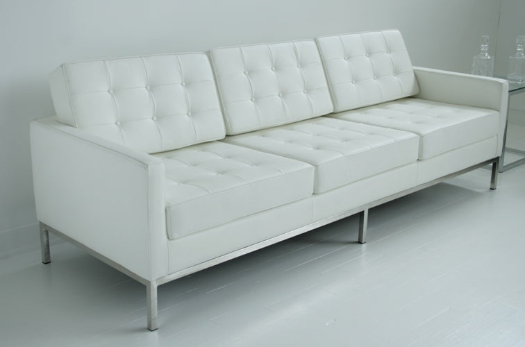 White Leather Button Tufted Knoll Style Sofa 9