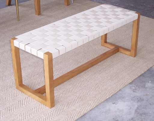 Set of 2 Limed Blonde Wood Bench with Natural Web Straps 7