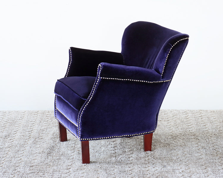 Royal Blue Velvet Small Arm Chair with Nickel Nailhead Trim