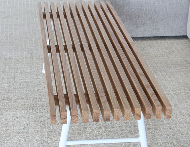 Modern Blonde Wood Slatted Bench With White Base