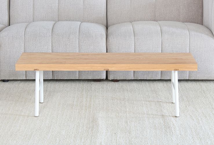 Modern Blonde Wood Slatted Bench With White Base
