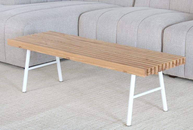 Modern Blonde Wood Slatted Bench With White Base