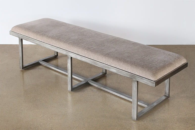 Distressed Grey Metal Upholstered Bench