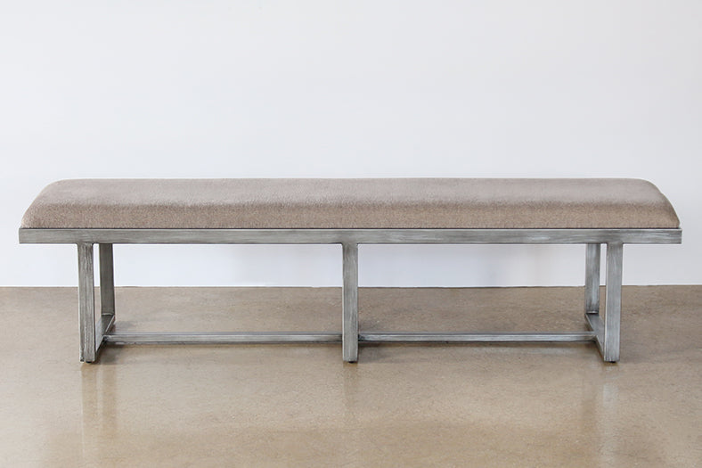 Distressed Grey Metal Upholstered Bench