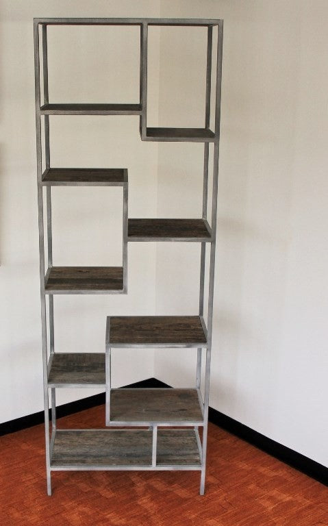 BK35 - Antiqued Grey Steel Bookcase with Reclaimed Elm Shelves