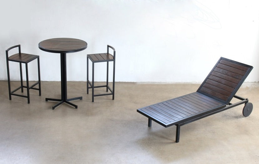 Black Steel and Dark Wood Outdoor Chaise