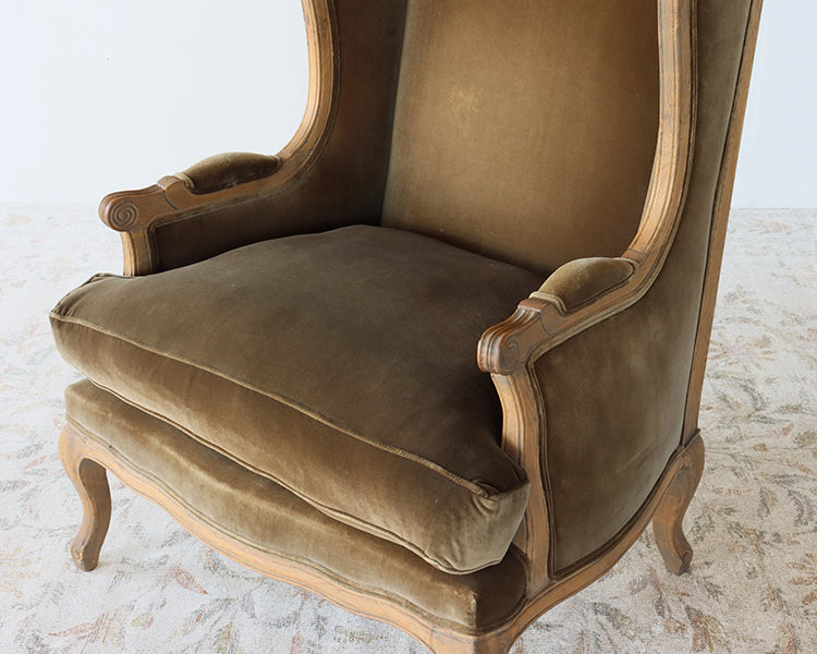 Olive Velvet Wing Chair with Weathered Wood Frame