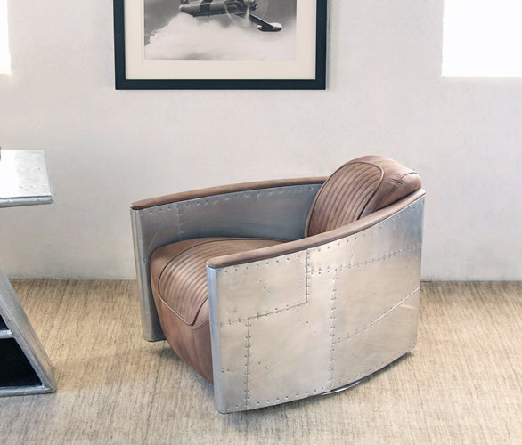 Distressed Brown Leather Club Chair with Riveted Stainless Steel