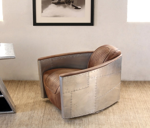 Distressed Brown Leather Club Chair with Riveted Stainless Steel
