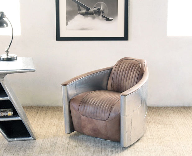 Distressed Brown Leather Club Chair with Riveted Stainless Steel