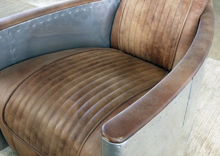 Distressed Brown Leather Club Chair with Riveted Stainless Steel