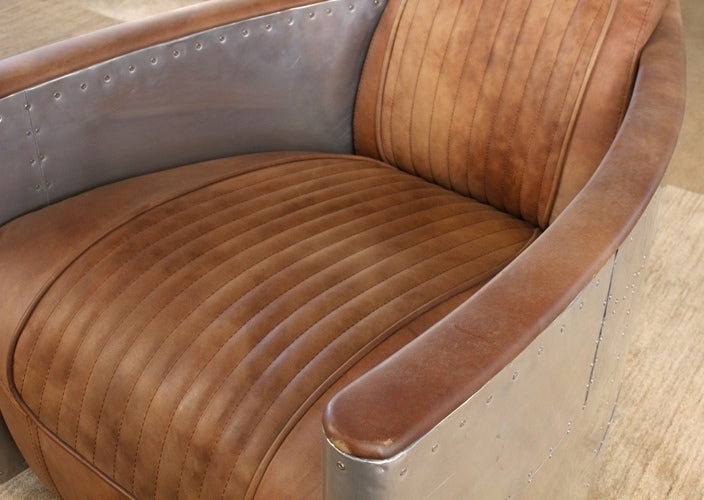 Distressed Brown Leather Club Chair with Riveted Stainless Steel