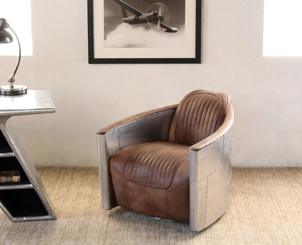 Distressed Brown Leather Club Chair with Riveted Stainless Steel