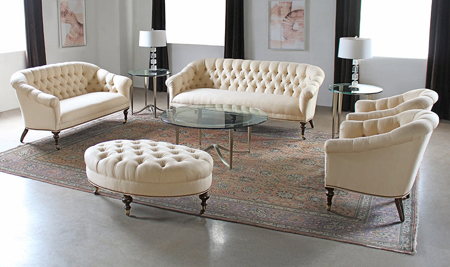 Tufted Oval Ottoman in Linato Cream