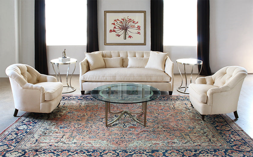 Tufted Back Club Chair in Linato Cream with Black Walnut Turned Legs