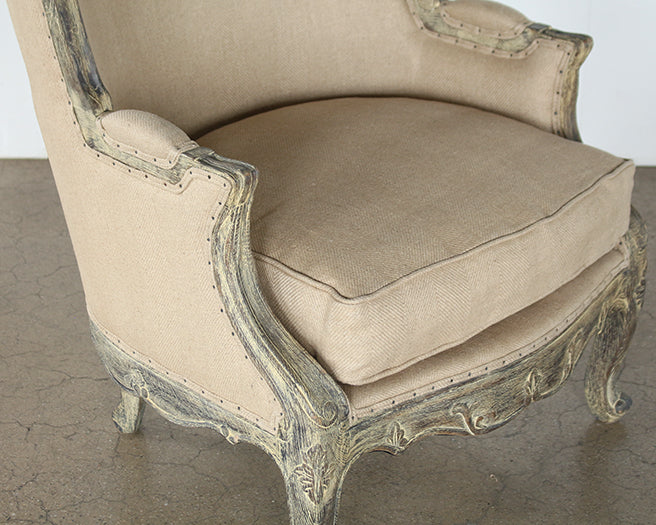 Antiqued Louis Club Chair With Taupe Upholstery