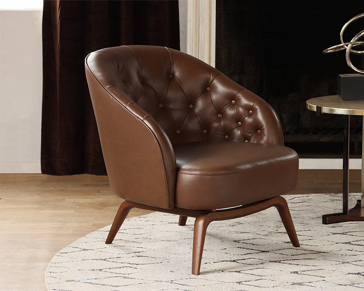 Mahogany Leather Tufted Club Chair w/ Walnut Base