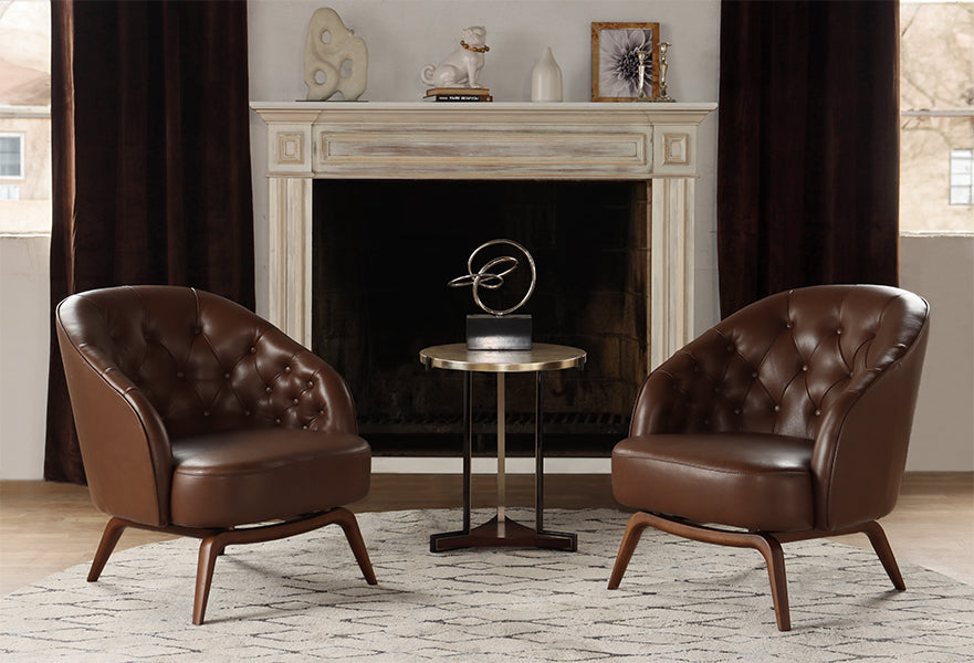 Mahogany Leather Tufted Club Chair w/ Walnut Base