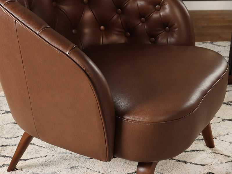 Mahogany Leather Tufted Club Chair w/ Walnut Base