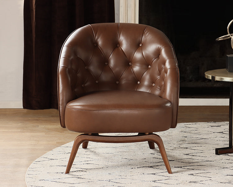 Mahogany Leather Tufted Club Chair w/ Walnut Base