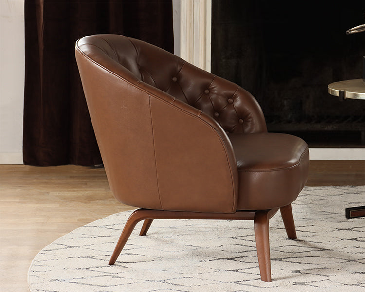 Mahogany Leather Tufted Club Chair w/ Walnut Base
