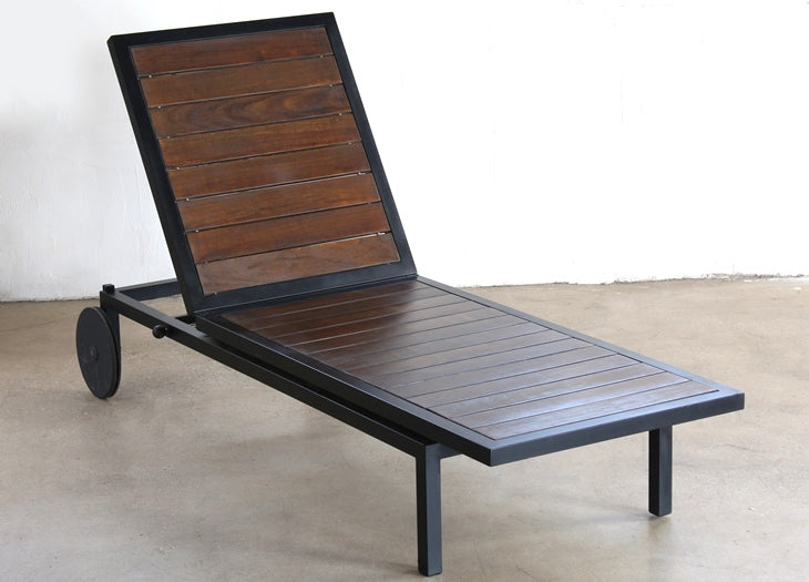 Black Steel and Dark Wood Outdoor Chaise