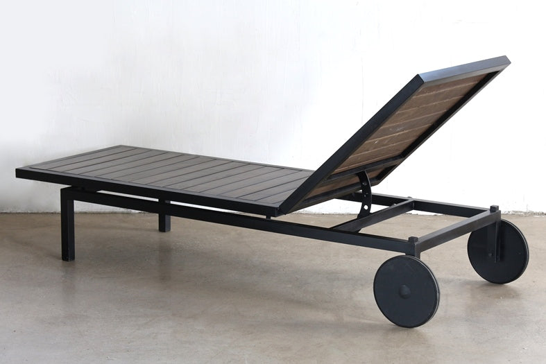 Black Steel and Dark Wood Outdoor Chaise
