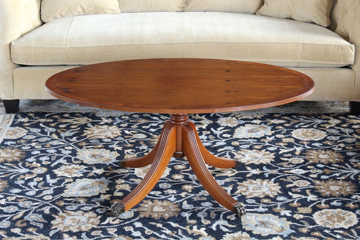 Light Yew Wood Oval Coffee Table on Pedestal, Circa 1960 