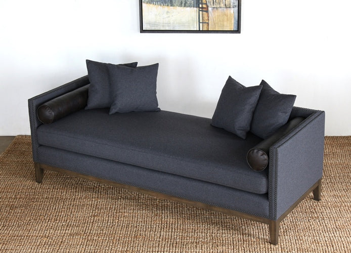 DB13 Charcoal Felt Daybed with Black Leather Bolster Pillows
