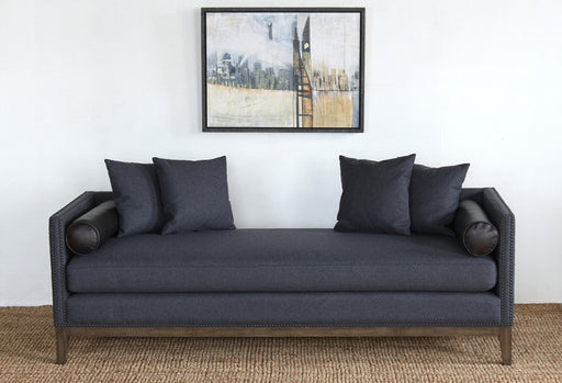 DB13 Charcoal Felt Daybed with Black Leather Bolster Pillows