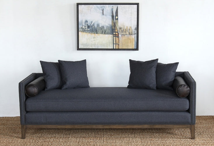 DB13 Charcoal Felt Daybed with Black Leather Bolster Pillows