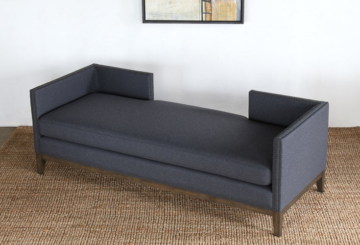 DB13 Charcoal Felt Daybed with Black Leather Bolster Pillows