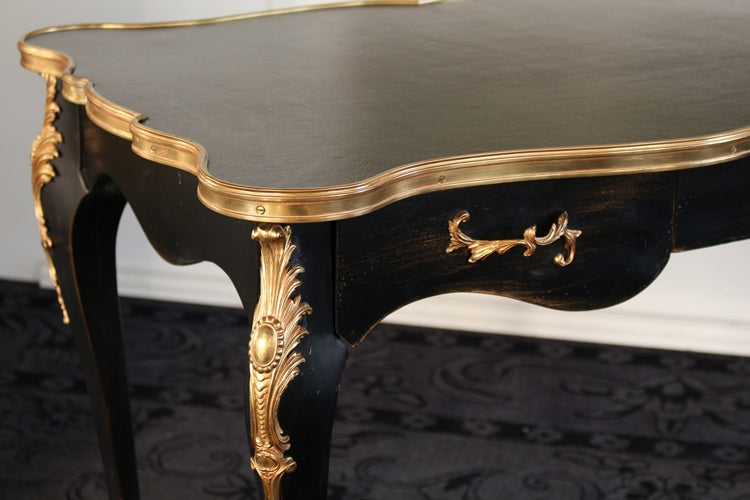 French Writing Desk in Black with Brass Detail