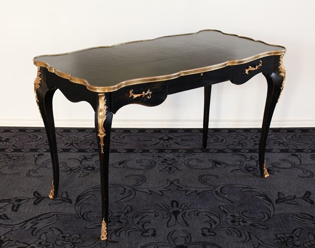French Writing Desk in Black with Brass Detail