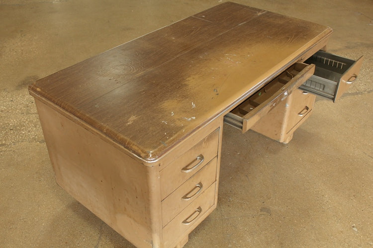 Brown Metal Desk With Woodgrain Metal Top