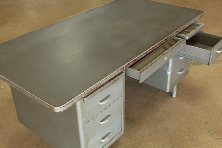 Gray Metal Desk With 6 Side Drawers